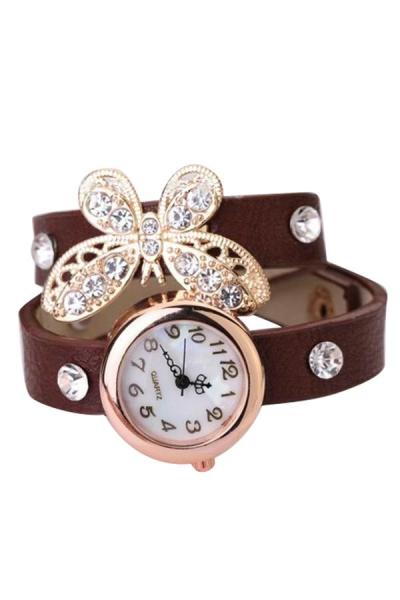 Exclusive Imports Women's Butterfly Rhinestone Coffee Leather Strap Watch