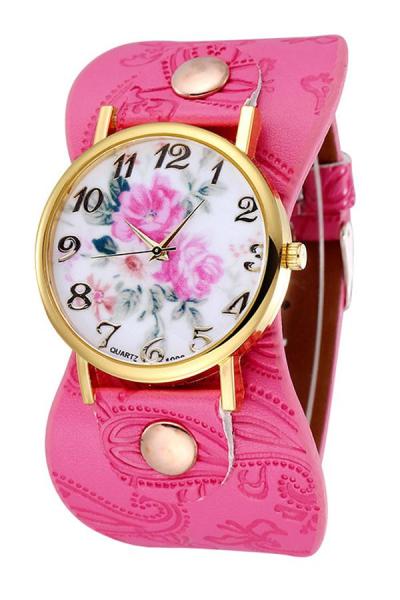 Exclusive Imports Women's Numerals Rose-red Faux Leather Floral Watch