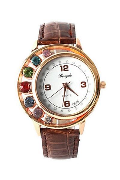 Exclusive Imports Women's Rhinestone Faux Leather Quartz Wrist Watch Brown