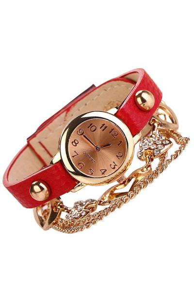 Exclusive Imports Women's Rhinestone Heart Bangle Chain Bracelet Watch Red