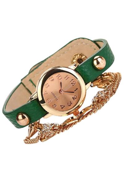 Exclusive Imports Women's Rhinestone Heart Bangle Chain Bracelet Watch Green