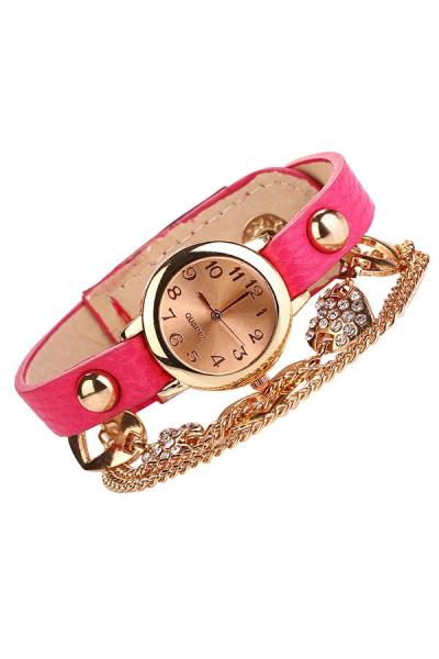 Exclusive Imports Women's Rhinestone Heart Bangle Chain Bracelet Watch Rose-Red