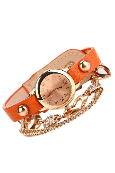 Exclusive Imports Women's Rhinestone Heart Bangle Chain Bracelet Watch Orange
