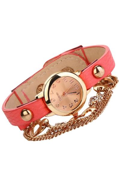 Exclusive Imports Women's Rhinestone Heart Bangle Chain Bracelet Watch Pink
