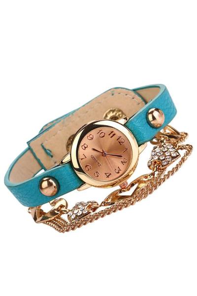 Exclusive Imports Women's Rhinestone Heart Bangle Chain Bracelet Watch Lake Blue