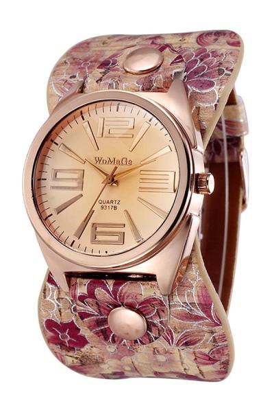 Exclusive Imports Women's Womage Rose Golden Floral Faux Leather Watch