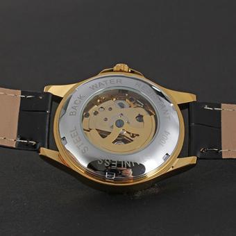 FORSINING Casual Gold Case Skeleton Automatic Mechanical Men's Leather Strap Watch Black Dial (Intl)  
