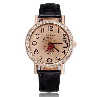 Fashion 2015 new quartz watch for ladies relogio Kitty rose gold plated full crystal rhinestone pu leather strap watches women (black) (Intl)  