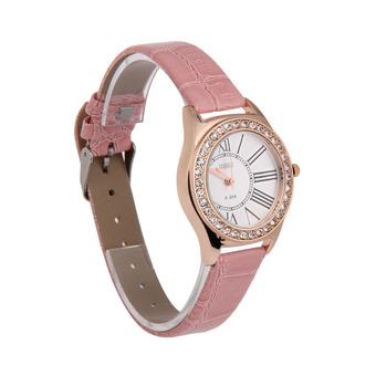 Fashion Alloy Diamante Round Face Ladies Wristwatch Leather Band Pink  
