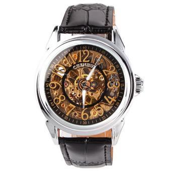 Fashion Gold Skeleton Black Leather Men's Automatic Mechanical Sport Watch 002001 (Intl)  