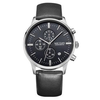 Fashion MEGIR Brand Luxury Watches Calendar Military Watch Quartz Men Genuine Leather Band Watch Waterproof Chronograph Function (black silver black l) (Intl)  