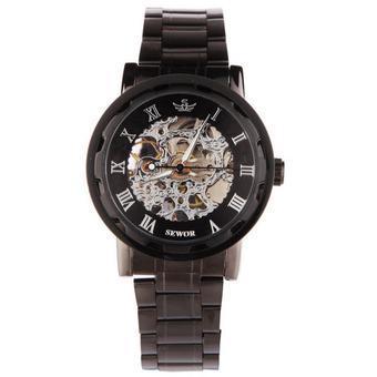 Fashion Mens Black Dial Stainless Steel Skeleton Roman Sport Mechanical Wrist Watch 001495 Black (Intl)  
