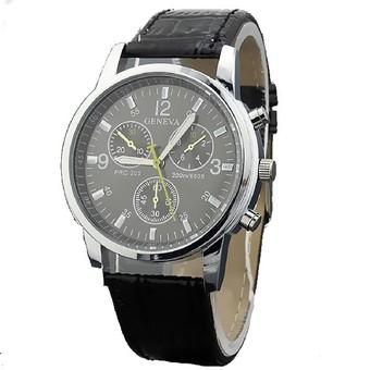 Fashion men leather strap wristwatches three six-pin male belt casual fashion alloy quartz watch black (Intl)  