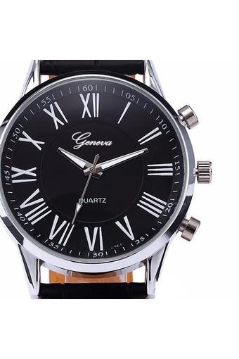Geneva - Jam Tangan Pria - Hitam - Faux Leather - Black Romano Watch  