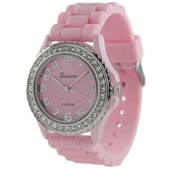 Geneva Platinum CZ Accented Silicon Link Watch, Large Face (Pink)  