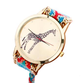 Giraffe Pattern Weaved Rope Band Bracelet Quartz Dial Watch (Blue/Red)  