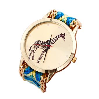 Giraffe Pattern Weaved Rope Band Bracelet Quartz Dial Watch (Blue/Yellow)  