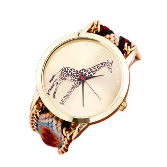 Giraffe Pattern Weaved Rope Band Bracelet Quartz Dial Watch (Black/Brown)  