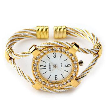 Gold Tone Rope Lady Rhinestone Wrist Watch Bangle Bracelet Cuff  