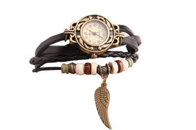 HET Retro Bracelet Watch Wings Pendant Watch(black)
