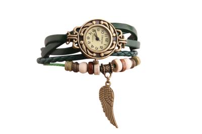 HET Retro Bracelet Watch Wings Pendant Watch(green)