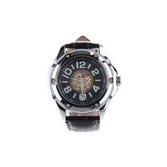 HY-011 Trendy Men's PU Leather Strap Arabic Numerals Dial Auto Mechanical Watch(Black + Silver)  