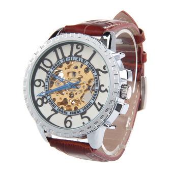HY-024 Simple Trendy Men's PU Leather Strap Arabic Numerals Dial Auto Mechanical Watch - Brown + Silver (Intl)  