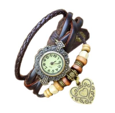 Het Retro leather bracelet watch wound double heart pendant - Coklat