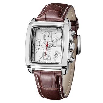 JIANGYUYAN MEGIR Luxury Brand Date Leather Watch Men Multi-function Chronograph Square Business Quartz Wirstwatch 3Eye 3ATM Black Clock (brown leather white) (Intl)  