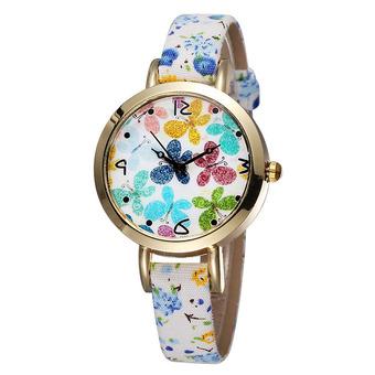 JIANGYUYAN NEW Butterfly Flower Printed Women New Brand Wristwatches Leather Strap Fashion Casual Watch Analog Quartz Clock?Flower Band Gold Case B  