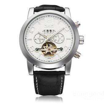 Jaragar Black Leather 3 Dial Flywheel Men Mechanical Wrist Watch (White)- Intl  