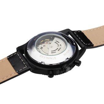 Jaragar Men Black Leather White 3 Dial Mechanical Wrist Watch (Intl)  