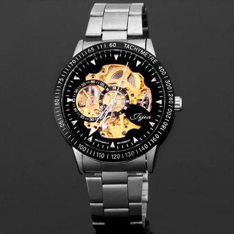 Jijia 8010 Hollow-out Automatic Mechanical Watch Round Dial Stainless Steel Band for Men  