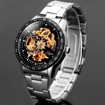 Jijia 8010 Hollow-out Automatic Mechanical Watch Round Dial Stainless Steel Band for Men (BLACK) (Intl)  