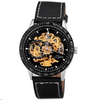 Jijia 8010 Men Mechanical Watch Self-winding Hollow-out Round Dial Leather Wristband  