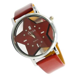 Lady Women Wrist Watch Quartz Wristwatch Clear Dial with Red Star PU Leather Strap  
