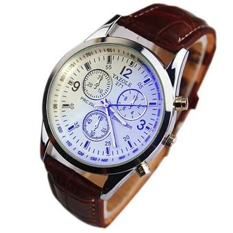 Luxury Brand Business Faux PU leather Three Eyes Blue Ray Glass Men Watches Quartz Analog Watch relojes hombre White&Brown(INTL)  