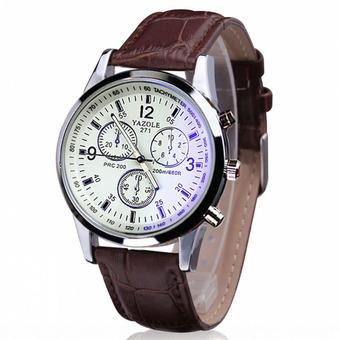Luxury Fashion Faux Leather Mens Blue Ray Glass Quartz Analog Watches Brown (Intl)  