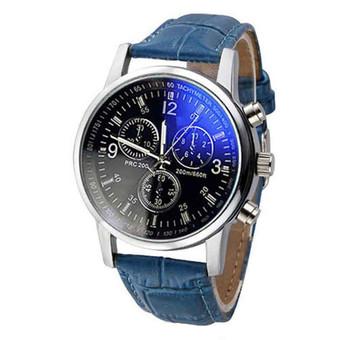 Luxury Faux Leather Mens Blue Ray Glass Quartz Analog Watches Blue  