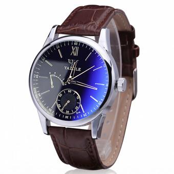 Luxury Faux Leather Mens Blue Ray Glass Quartz Analog Watches Brown  