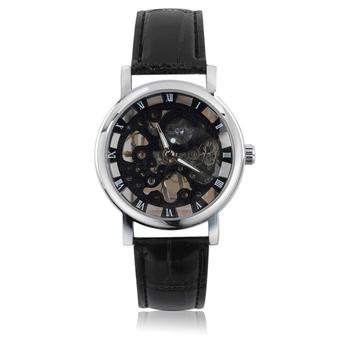 Luxury Men Hollow Skeleton Automatic Mechanical Stainless Steel Wrist Watch Black Band+Black Dial  
