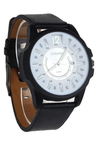 Luxury Men's Analog Sport Steel Case Quartz Date Leather Wrist Watch Black case / White dial Jam Tangan  