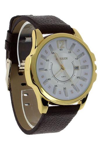 Luxury Men's Analog Sport Steel Case Quartz Date Leather Wrist Watch Gold case + White dial  