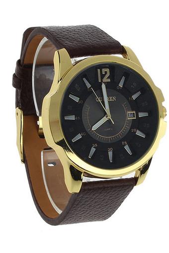 Luxury Mens Analog Sport Steel Case Quartz Date Leather Wrist Watch Gold case / Black dial Jam Tangan  