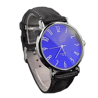 Luxury Mens Business Faux Leather Blue Ray Glass Quartz Analog Watches Black  