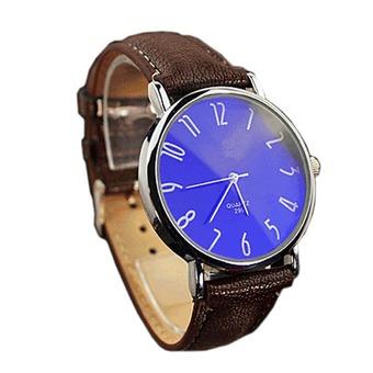 Luxury Mens Business Faux Leather Blue Ray Glass Quartz Analog Watches Brown  