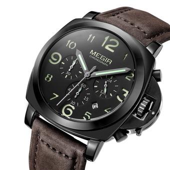 MEGIR high-end men's watches really three calendar Leather Watchband business men's watch dribbling-Coffee Black(INTL)  