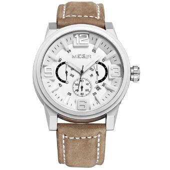 MEGIR new fashion casual quartz watch men large dial waterproof chronograph releather wrist watch (yellow&white) (Intl)  