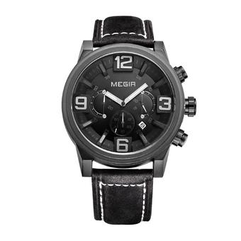 MEGIR new fashion casual quartz watch men large dial waterproof chronograph releather wrist watch (black) (Intl)  