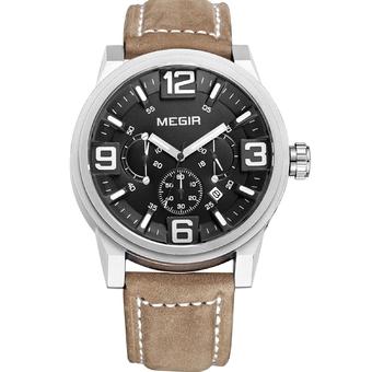 MEGIR new fashion casual quartz watch men large dial waterproof chronograph releather wrist watch (yellow&black) (Intl)  